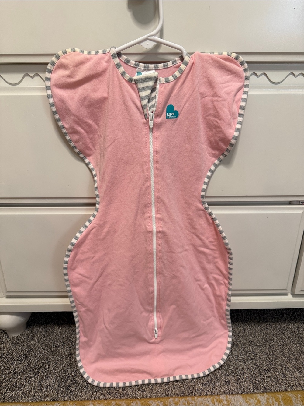 Love to Dream Pink Swaddle Sleep Sack with Gray-Striped Trim NWOT